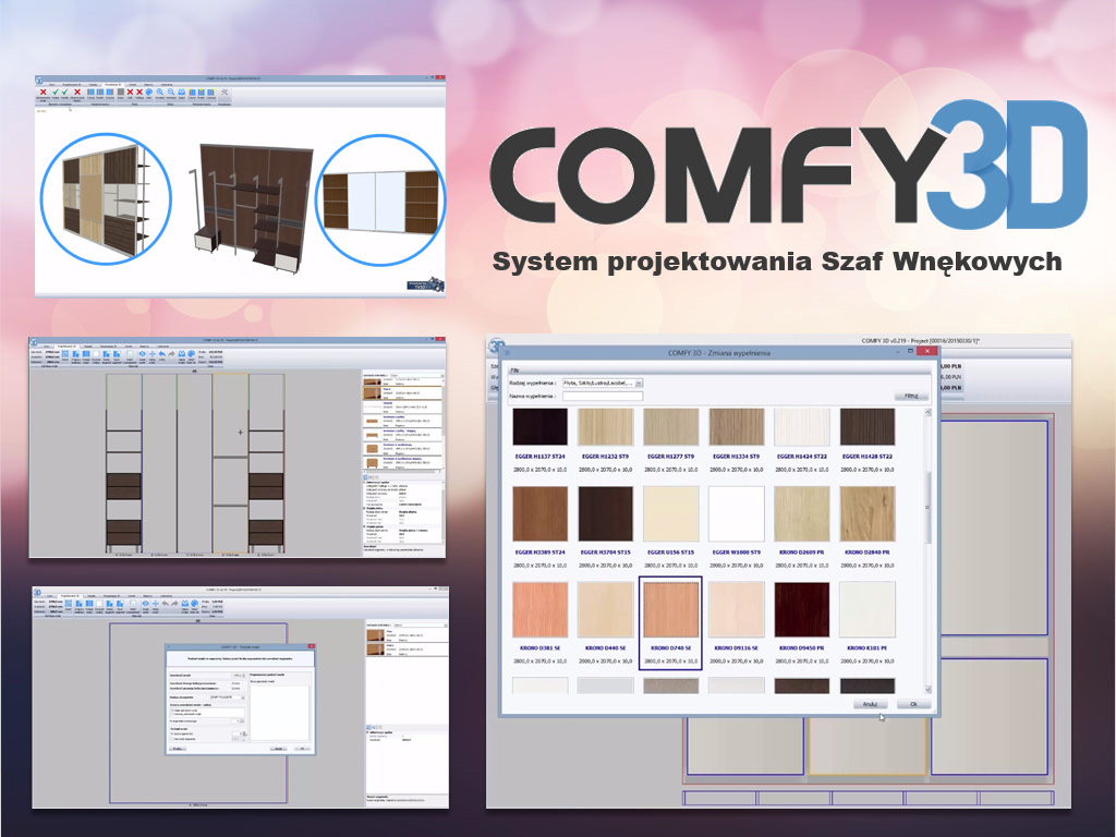 szafy, szafy wnękowe projektowanie, projektowanie szaf wnękowych, projekt szafy wnękowej, projektowanie szaf. Oprogramowanie Comfy3D umożliwia projektowanie szaf wnękowych, systemów drzwi przesuwnych, wypełnień drzwi, wnętrza szaf oraz wykrywanie kolizji.
